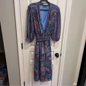 Vintage Faviola Patchwork Striped Colorful Belted Midi Dress 12 Retro Pattern